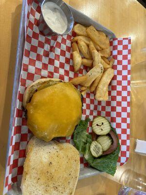 Cheeseburger and steak fries