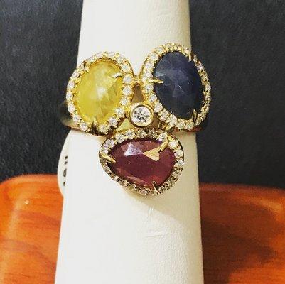 Yellow gold ring, diamond ring, sapphire ring