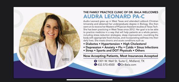 Dr. Bala welcomes Audra Leonard PA-C to her family practice clinic