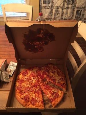 Always fun when your delivered pizza shows up smashed and oddly moved around... Won't be ordering again.