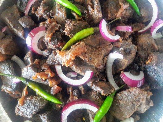 Sudanese fried meat:
 option of beef, lamb or goat, uniquely spiced with Sudanese spice combo