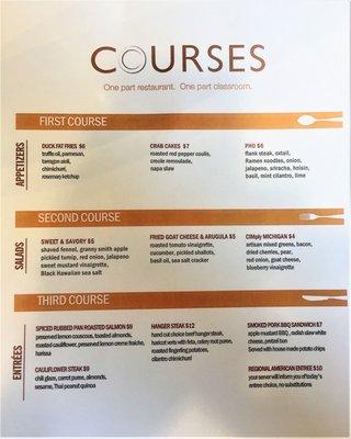 Courses Menu – One part restaurant. One part classroom.  The menu changes according to the Culinary Institute of Michigan curriculum.