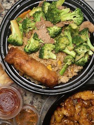 Beef and Broccoli with fried rice and eggroll (combo) IG: @bettyeatsthecity