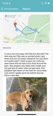 Detailed report provided by dog walker