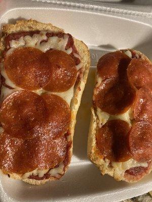 Pizza bread had pepperoni again; tasty surprise this evening.