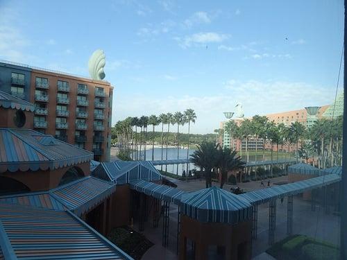 Swan hotel room, looking out towards the sandy beach lagoon/pool