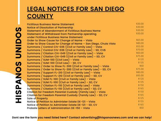 Price list for our legal notice publications. Email us at advertising@hispanosnews.com