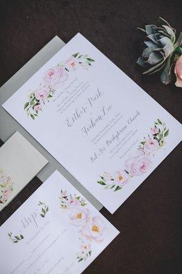 Beautifully personalized wedding invitation. Thank you Sarah for arranging the watercolor florals, text, and incorporating my calligraphy!!!