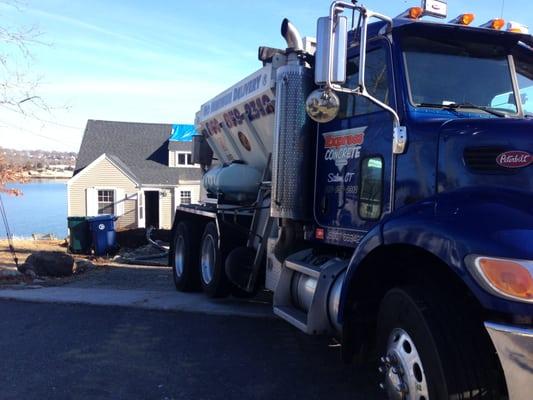 Pumping concrete 140 feet down into basement in Old Lyme.