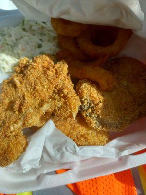 Catfish stakes Cole slaw onion rings