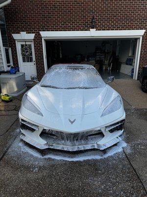 Foaming up the C8 for our Wash and Wax!