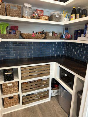 My new pantry, with custom counter and glass tile backsplash!!