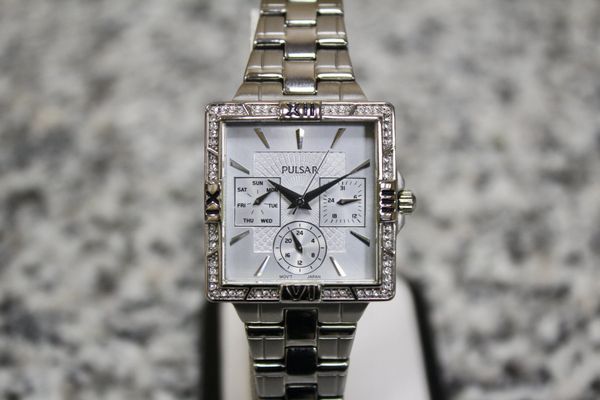 Pulsar PYR047 Dress Sport Square Silver Dial Stainless-Steel Watch
 
 Mineral Crystal 
 56 Swarovski Crystals