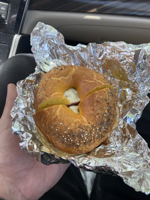 pork roll egg and cheese on an everything egg bagel