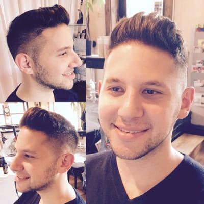 High and tight fade with quiff top.