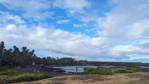 View of the beach from the camping/bathroom area