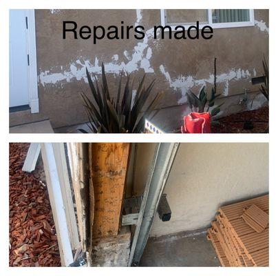 Wood damage and stucco damage repaired throughout