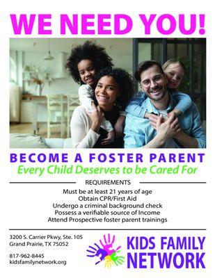 Seeking Foster Parents who are looking to open their home to a child in need.