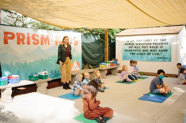 Outdoor, socially distanced Kids Time during the service.