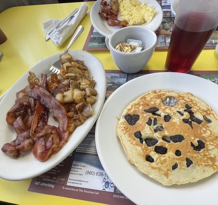 Oreo pancake, bacon, and home fries no onions