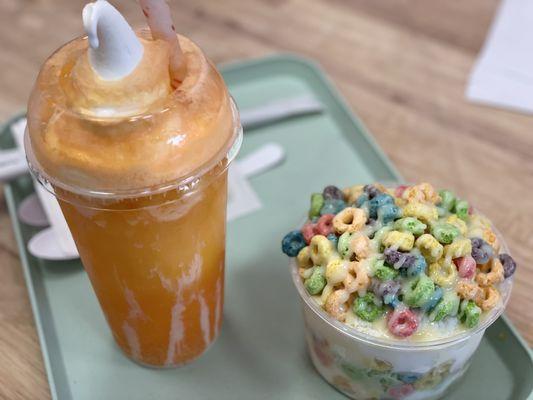 One orange creamsicle ice float and fruit loops ice wave