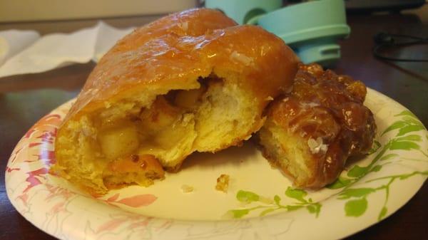 Inside the bear claw and half an apple fritter.