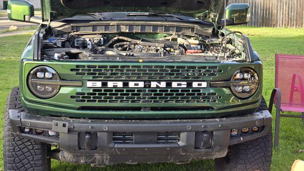 Installed on the vehicle with the new headlights and lighted Bronco badge.