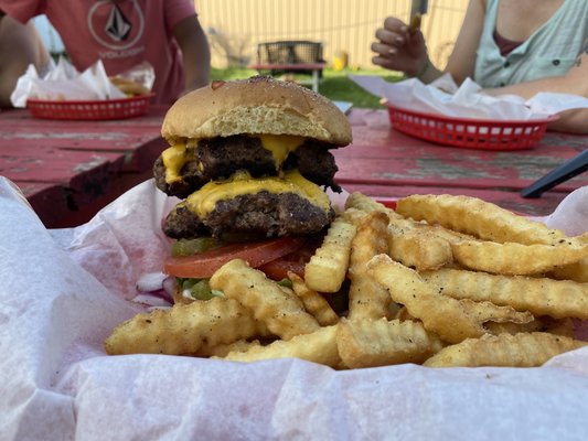 Double cheeseburger basket. Comes with fries and canned soda for $10. Most expensive thing on the menu.  ...and yes I finished it