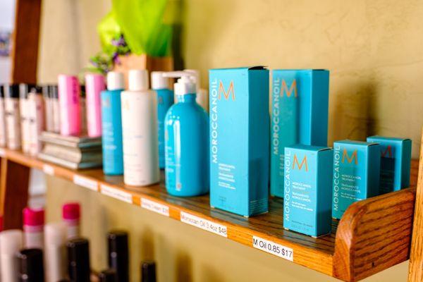 We carry Moroccan Oil, ISO shampoo & conditioner, Puff Me, Style Edit root concealer, Framisi BY styling products, & Botanical Science