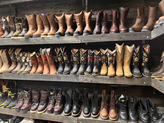 Men working boots of all sizes and cute cowboy boots for all genders!