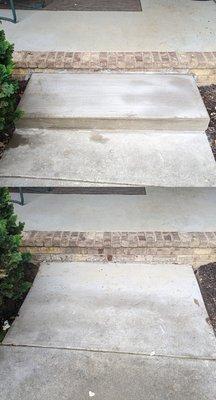 After/before in one stitched picture, of a 10" high step from the sidewalk to porch. Now the difference is split with a step!