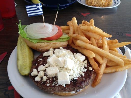 Greek burger. Feta cheese and tzatziki sauce. Fries are awesome as well