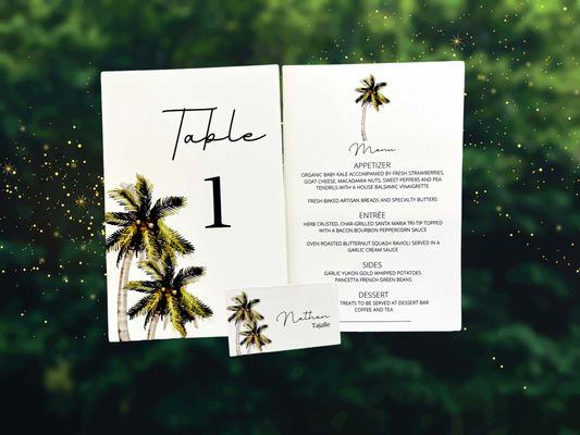 Customer designed table cards, name cars, and menu. Printed on our 100# paper