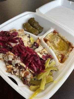 Baba Ghanouj with Chicken Shawarma Bowl and stuffed grape leaves