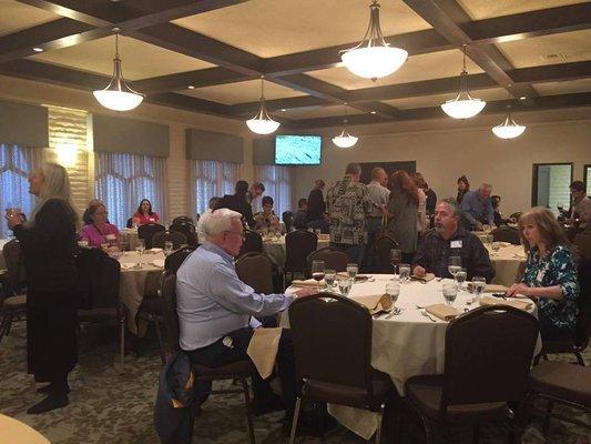 The room can be set up for a sit-down dinner of 150 or a reception for 185 people.