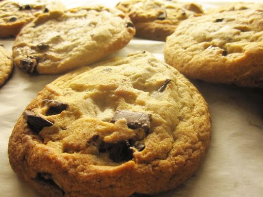 Huge chocolate chip cookies. Big chunks of dark chocolate. Amazing!