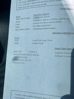 Smog check results