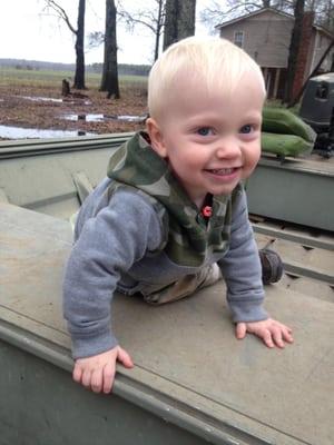 Our baby boy is ready for a boat ride.