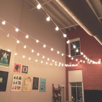 String lights we added to our large ceiling.