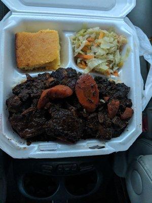 Ox Tail, cabbage, rice, and cornbread.