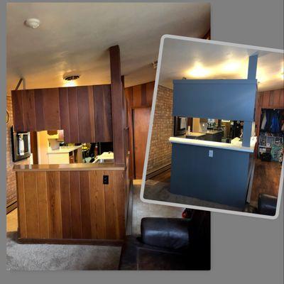 Island Before and after of Kitchen with floating upper cabinets