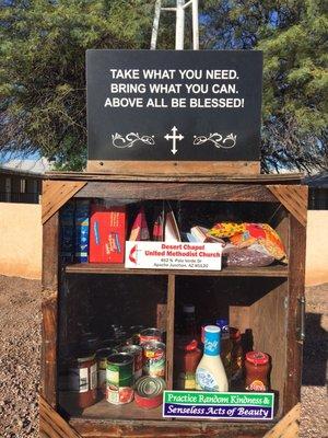 Desert Chapel supports the community with a blessing box. Take what you need. Give what you can.