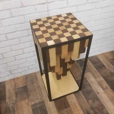 Chess Board Table made from scrap hemlock blocks with a steel frame