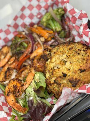 Maryland Jumbo Lump Crab Cake Imperial & Chesapeake Steamed Shrimp over Salad