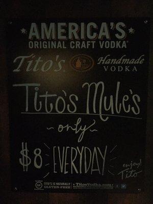 last night & ordered 4 Tito's Mules & bartender charged me extra & I asked about $8 everyday special, she said no.