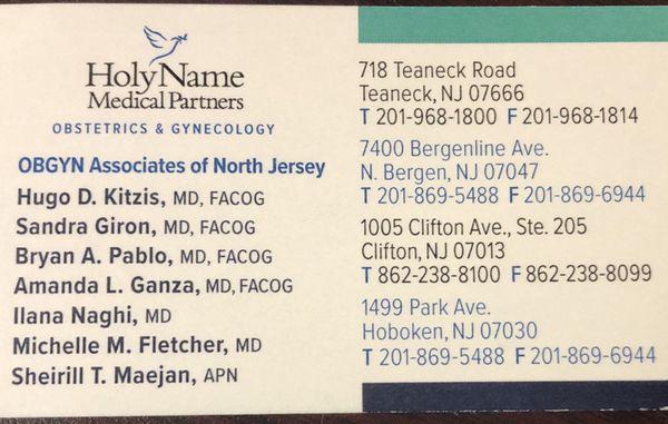 Business card with all locations and contact information. We operate and deliver at Holy Name Medical Center in Teaneck, NJ.