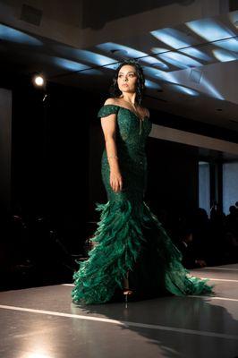 Green feather pageant gown