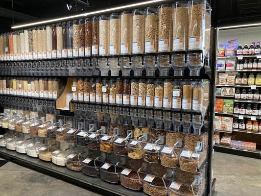 Bulk foods department including grains, dried beans, flour, dried fruit, granola, and more!