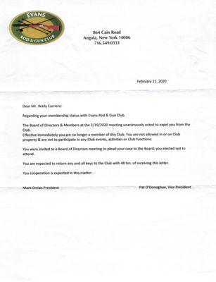 Letter of Explusion after standing up for a girl who was harassed while working at the club.