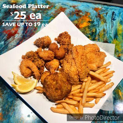 Seafood platter 4 seafood items and fries for $25!!